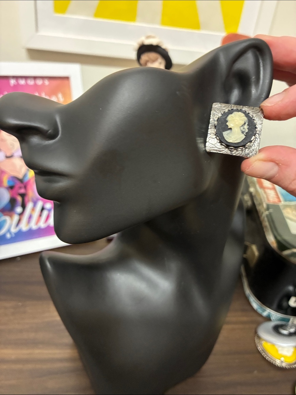 Vintage 1930s-1950s Black and Silver Screwback Cameo Earrings Dark Romantic Goth